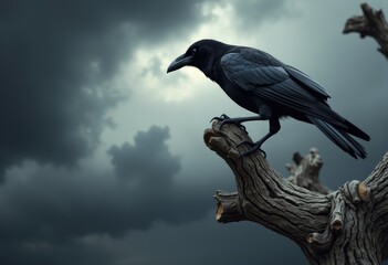 A black crow is perched on a gnarled tree branch against a moody, cloudy sky background. 