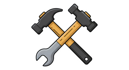 Two crossed hammers and wrench silhouette isolated on transparent background