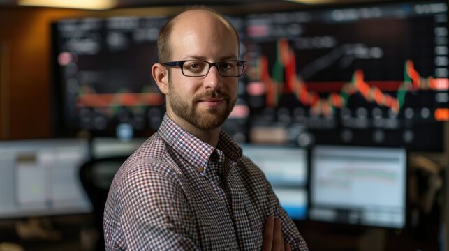 Analyst, A financial analyst presenting data on a digital monitoring board, IT specialist coding, programming and thinking.