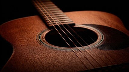 Obraz premium Acoustic Guitar Close-Up: Strings, Sound Hole, and Wooden Body, Ideal for Music Promotion and Instrument Sales