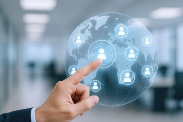 Global Networking Concept: Businessman's Hand Touching Digital Globe with Connected People Icons for Business Collaboration