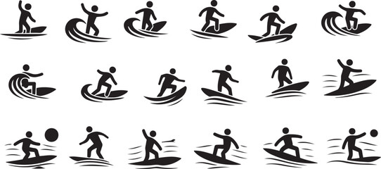 Collection of stylized surfers riding waves in dynamic poses