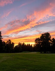 Colorful sunset over a parkland