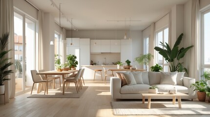 Naklejka premium Bright open concept apartment featu modern furniture and indoor plants.