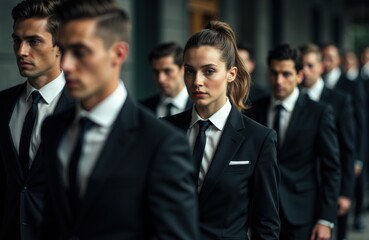 Business team standing in a line wearing formal suits and ties in a professional setting