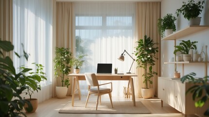 Bright home office features desk laptop plants shelves and natural light.