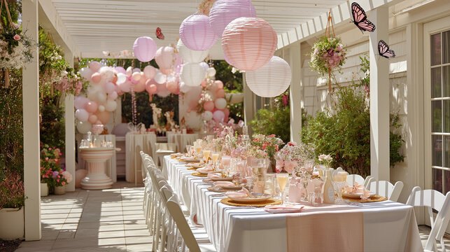 Elegant outdoor party setup with pink decor, balloons, and butterflies creating a festive atmosphere