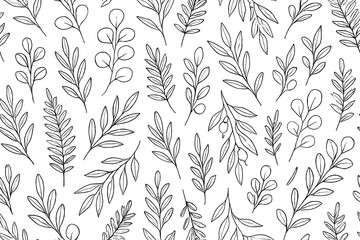 Intricate black and white botanical pattern with delicate leaves and branches