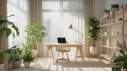 A bright home office displays plants and a laptop bathed in sunlight indoors