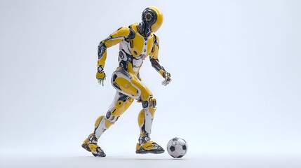 Futuristic robot athlete playing soccer with dynamic motion, representing innovation, technology, and the future of sports.