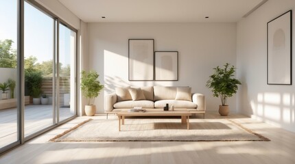 Bright living room showcases modern design and serene natural light indoors