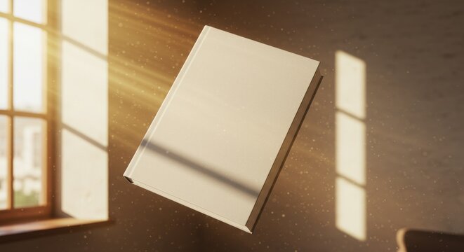 A blank hardcover book floats mysteriously in a sunlit room, illuminated by warm rays of light from a window.