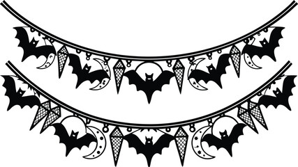 Halloween garland with bats and moons, isolated on white background