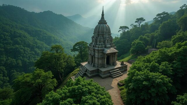 Breathtaking aerial drone view of ancient Bhimashankar Temple nestled within lush Sahyadri forest, capturing serene Jyotirlinga shrine and natural beauty.