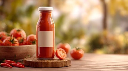 Fresh tomato juice bottle with blank label, ripe tomatoes, and chili peppers on wooden table, perfect for food and beverage branding