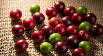 Close up of fresh raw coffee cherries on a burlap background