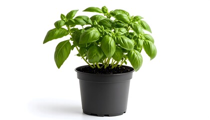Obraz premium Fresh Basil Plant in a Black Pot with Isolated on White, and For Culinary Herbal Use.