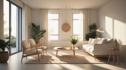 Fototapeta premium A sunlit modern living room features neutral tones with a minimalist design.