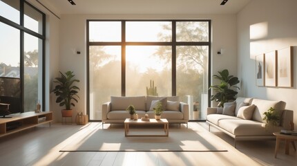Sunlight streams into a bright contemporary living room through large .