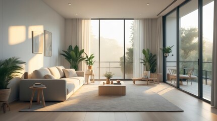 An airy living room interior bathes in warm sunlight near a large balcony.