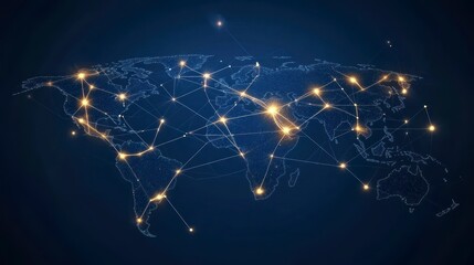 Global network connection illustrated on a world map with glowing nodes and lines.