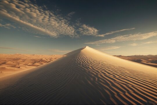 A vast desert landscape featuring a large sand dune with distinct ripple patterns under a partly cloudy sky