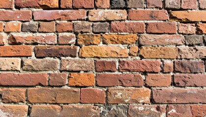 Fototapeta premium A close-up view of an old, weathered brick wall with varying shades of red and brown bricks and mortar.