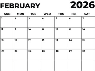 Monthly Planner February 2026, Minimalist Black and White Calendar, Sunday Start Printable Calendar, Plain calendar, Dated Monthly Planner, Simple Monthly Organizer, Landscape Monthly Planner