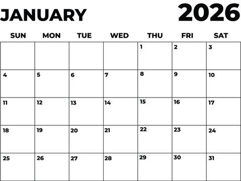 Monthly Planner January 2026, Minimalist Black and White Calendar, Sunday Start Printable Calendar, Plain calendar, Dated Monthly Planner, Simple Monthly Organizer, Landscape Monthly Planner