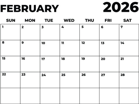 Monthly Planner February 2026, Minimalist Black and White Calendar, Sunday Start Printable Calendar, Plain calendar, Dated Monthly Planner, Simple Monthly Organizer, Landscape Monthly Planner