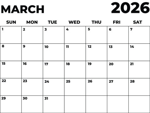 Monthly Planner March 2026, Minimalist Black and White Calendar, Sunday Start Printable Calendar, Plain calendar, Dated Monthly Planner, Simple Monthly Organizer, Landscape Monthly Planner
