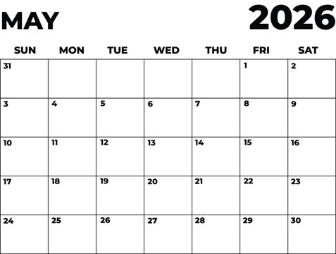 Monthly Planner May 2026, Minimalist Black and White Calendar, Sunday Start Printable Calendar, Plain calendar, Dated Monthly Planner, Simple Monthly Organizer, Landscape Monthly Planner