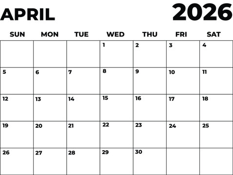 Monthly Planner April 2026, Minimalist Black and White Calendar, Sunday Start Printable Calendar, Plain calendar, Dated Monthly Planner, Simple Monthly Organizer, Landscape Monthly Planner