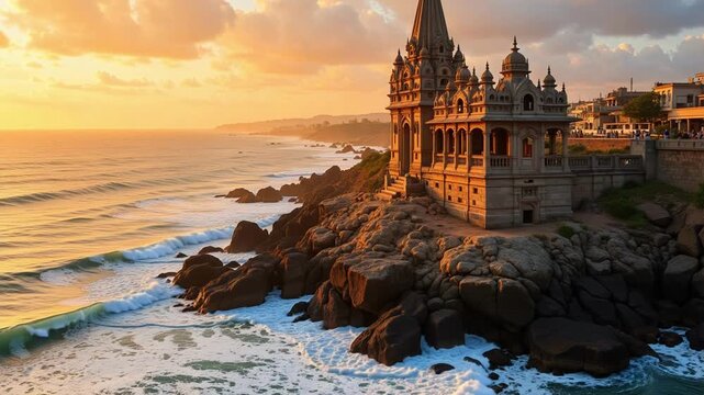 Stunning aerial 4K drone footage captures golden hour sunlight illuminating Somnath Temple by the Arabian Sea with waves crashing.