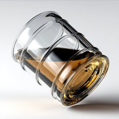Whiskey glass transparent modern design tilted amber liquid clear background elegant reflective minimal style