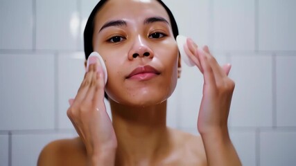 woman gently removing her makeup with a cotton pad - Powered by Adobe