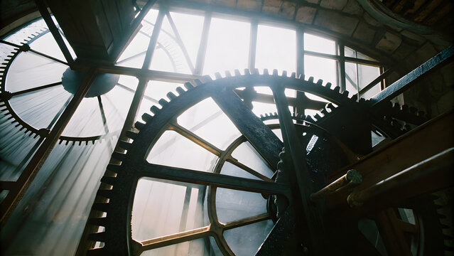 The vast inside of a clock tower with massive gears turning slowly, bathed in dusty sunlight from tall windows.