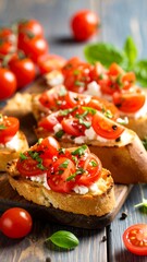 Toasted bread topped with creamy cheese, roasted cherry tomatoes, and fresh basil