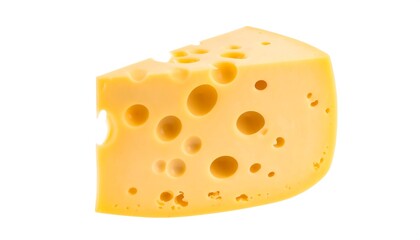 Fresh wedge of Swiss cheese with holes with isolated on white background.