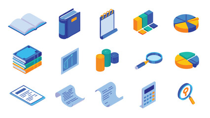 Isometric illustration featuring books charts and office supplies on a white background view