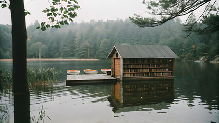 Fototapeta premium A unique floating library on a serene lake, wooden structure filled with books, with rowboats gently swaying by the dock.