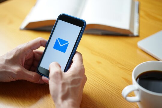 Checking email on smartphone with coffee and book on desk for morning routine