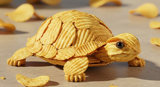 A creative turtle sculpture constructed entirely from crispy potato chips on a neutral surface