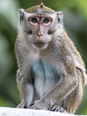 Obraz premium Front-facing monkey with fur. Serious expression, with blurred green background