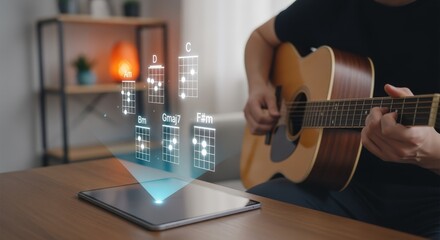 Man Learning Guitar Chords Online Using Tablet Technology for Music Education and Virtual Lessons