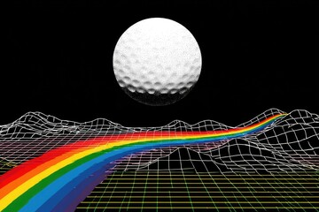 Retro golf ball, rainbow path, wireframe landscape