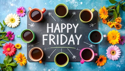 Coffee cups surrounding a chalkboard message of "Happy Friday.