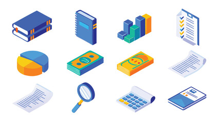 Isometric view of business and finance elements including books, money, charts and documents