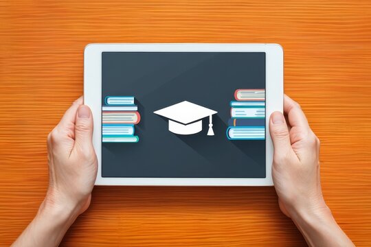 Online education learning concept with tablet and books for graduation and degree