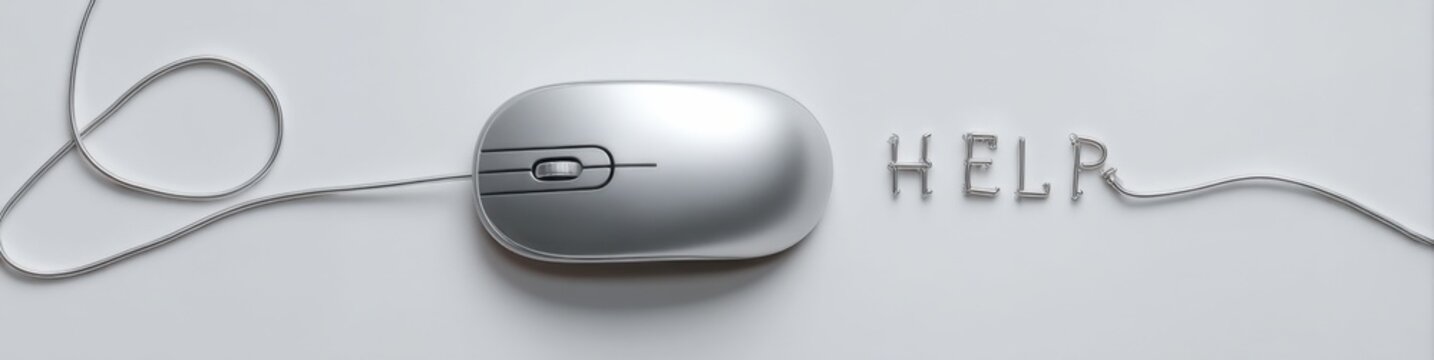 Assistance is needed as a computer mouse connects to the word help made from letters on a clean surface